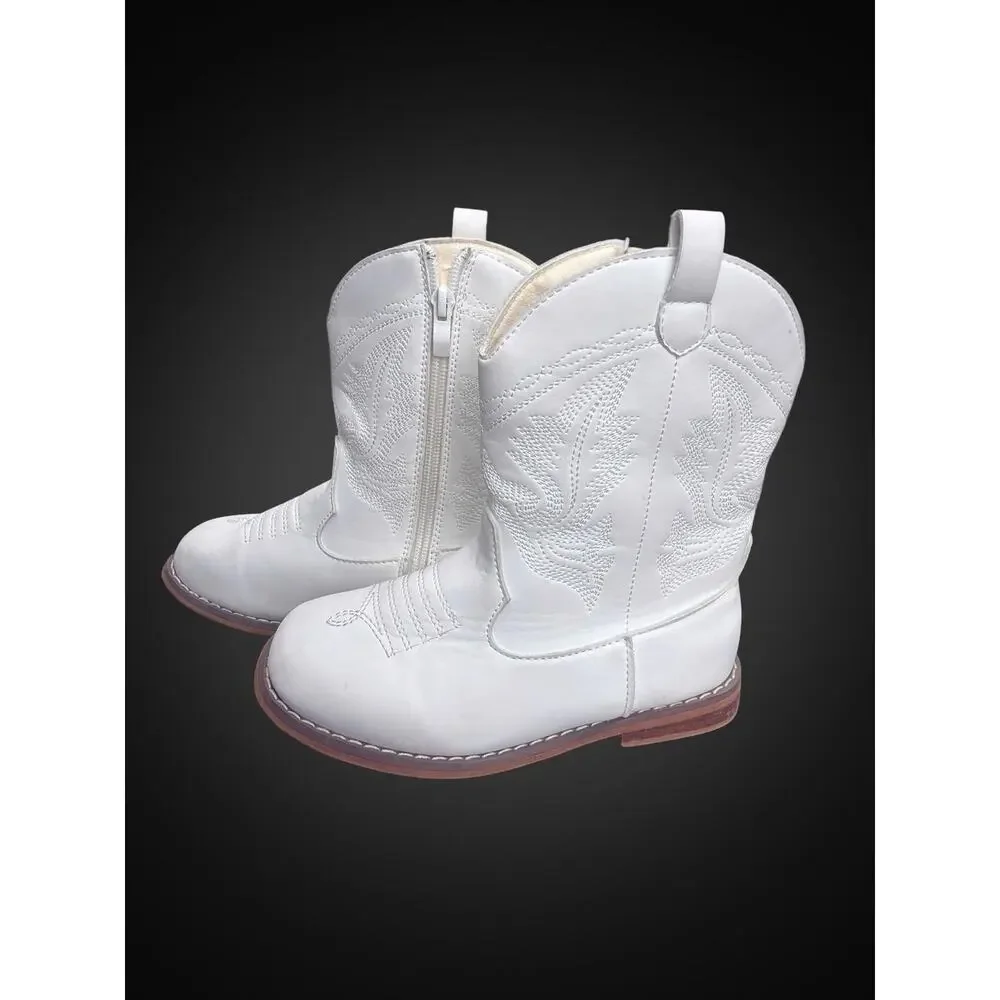 Bacritm Women’s White Western Ankle Boots Zip Embroidered Round Toe US 11